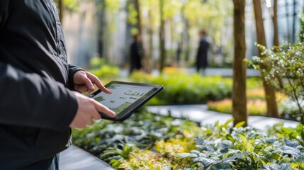 Landscape architect planning garden layout with a tablet. Featuring creativity and design precision