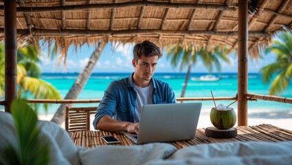 High-resolution, highly detailed digital photograph of a young digital nomad working on a laptop f