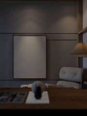 mockup poster in japandi interior of home office with decorations. 3d rendering