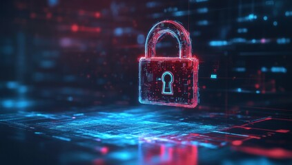 Digital padlock security concept with red and blue glowing abstract background.