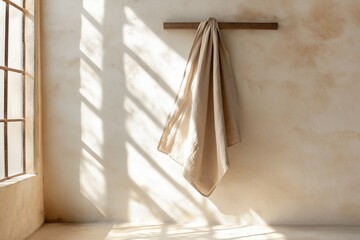 Soft linen fabric hanging in a sunlit corner of a minimalist room