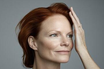 Fototapeta premium With a green background, a woman is depicted touching her face, showcasing her beautiful skin and subtle, natural makeup