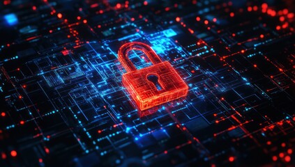 Red padlock on a circuit board background representing data security and technology.
