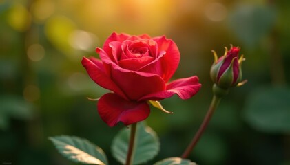 Fototapeta premium Intensely red rose, unopened bud, sunlight, outdoor setting, nature, bud, petal
