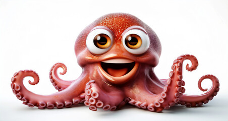 Cartoon Character of a smiling whimsical octopus, tentacles with its suckers very visible and big eyes, isolated on white background with copy space. Generative Ai.