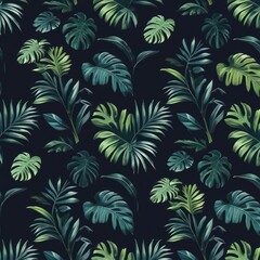 Fototapeta premium Seamless Dark Tropical Pattern with Exotic Green Leaves
