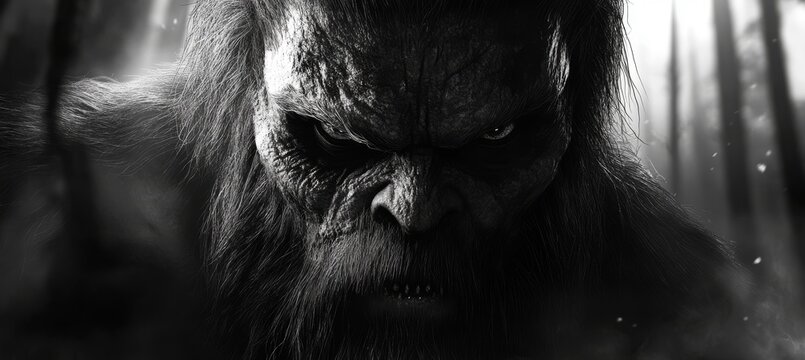 A highly detailed and realistic black and white photograph of a bigfoot sasquatch face set amidst the dense forest woods