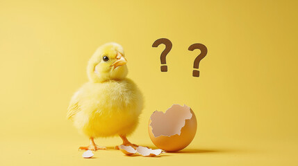 Funny confused chick sitting next to broken eggshell, question marks floating, light yellow background