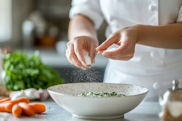 female chef seasoning a dish with a pinch of salt, in a bright and polished kitchen of a michelin star fine dining  restaurant
