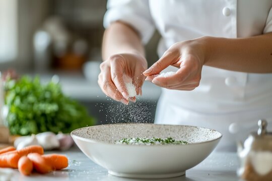 female chef seasoning a dish with a pinch of salt, in a bright and polished kitchen of a michelin star fine dining  restaurant