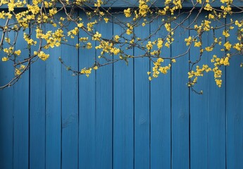Yellow flowers cascade over a vibrant blue wooden fence