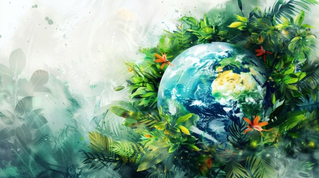 Earth in bloom: vibrant watercolour portrayal of our planet thriving with lush flora, symbolising global environmental awareness