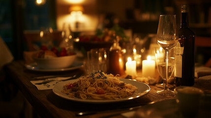 Dinner table set with pasta wine and candles in soft warm lighting