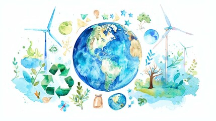 Naklejka premium Watercolor Earth Day Concept: Renewable Energy, Recycling, and Environmental Conservation for a Sustainable Future
