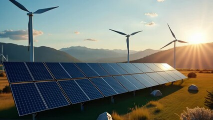 A breathtaking view of solar panels and wind turbines harnessing clean energy in a lush, green landscape. - Powered by Adobe