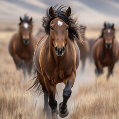 Obraz premium Wild Horses Running in a Golden Field