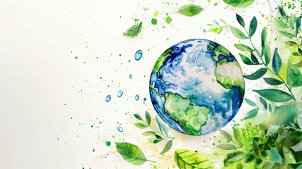 Naklejka premium Watercolor Globe Surrounded by Green Foliage and Water Droplets, Symbolizing Environmental Consciousness and Sustainable Living