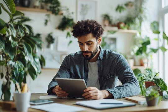 diverse male freelancer working from a home office with green plants and modern minimal interior, with a tablet and stylus. Graphic or UX/UI designer.