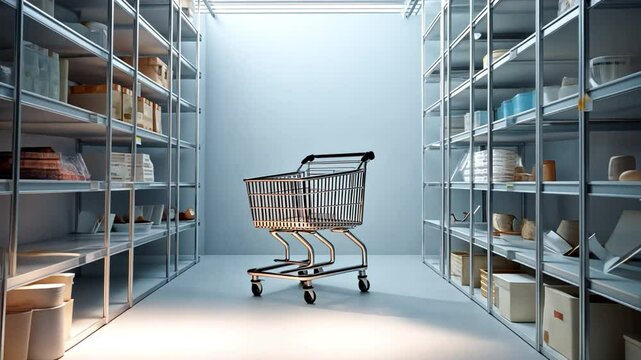 An empty shopping cart sitting quietly in a well-lit grocery store aisle, shelves neatly stocked on both sides