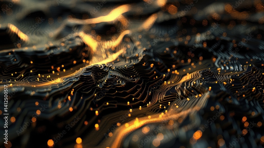 Poster explore an abstract 3d visualization showcasing intricate algorithmic patterns on a dark background,