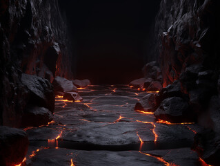 Dark background with rocks on theleft and right, lava flowing down from top to bottom, dark red light in the middle of the frame, empty spacein the center for product display