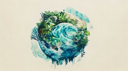 Watercolor Globe Depicting Environmental Awareness with Lush Greenery and Swirling Blue Oceans on Textured Background