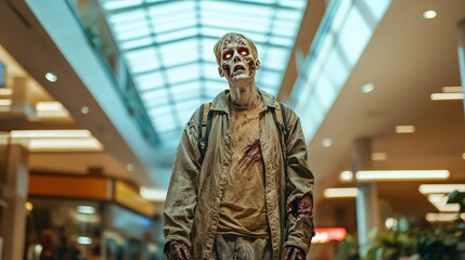 Naklejka premium Post apocalyptic scene of a single zombie with glowing eyes and bloody wounds, wandering through an empty, decaying shopping mall, highlighting themes of survival, horror, and societal collapse