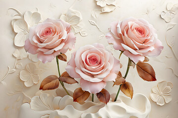 3D pink roses composition on beige background. Pink roses on abstract background. 3D Floral Wallpaper.