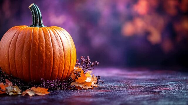 Vibrant orange pumpkin with fall leaves on a misty surface creates a cozy autumn ambiance