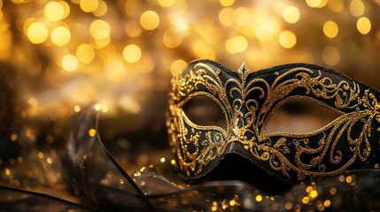 Elegant Venetian Mask with Golden Details on a Sparkling Background