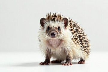A single hedgehog, standing upright, against a stark white backdrop , fauna, wildlife