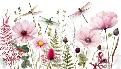 Watercolor botanical illustration depicting pink flowers. Delica