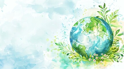Watercolor Earth Globe with Green Foliage for World Environment Day Celebration Concept Illustration
