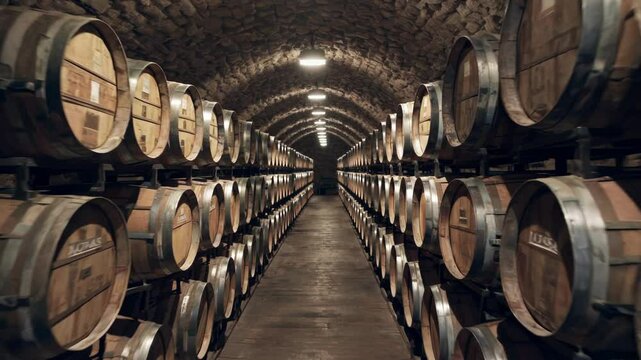 Wooden Oak Barrels in Distillery Cellar