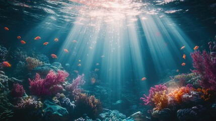 Underwater scene with fish, corals, and light rays from the surface in a looping video animation