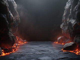 Dark background with rocks on theleft and right, lava flowing down from top to bottom, dark red light in the middle of the frame, empty spacein the center for product display