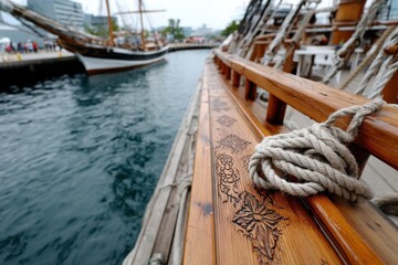 This close-up captures the ornate wooden stripes of a ship's railing, revealing the exquisite craftsmanship and decorative elements that enhance its maritime charm and artistic appeal.