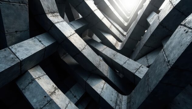 Complex interlocking geometric forms, monochrome palette , lines, interlocking