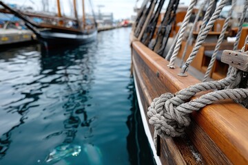 Obraz premium A stunning wooden ship showcasing intricate ropework and craftsmanship, reflecting both functional elements of sailing and the artistry involved in maritime aesthetics, emphasizing beauty.