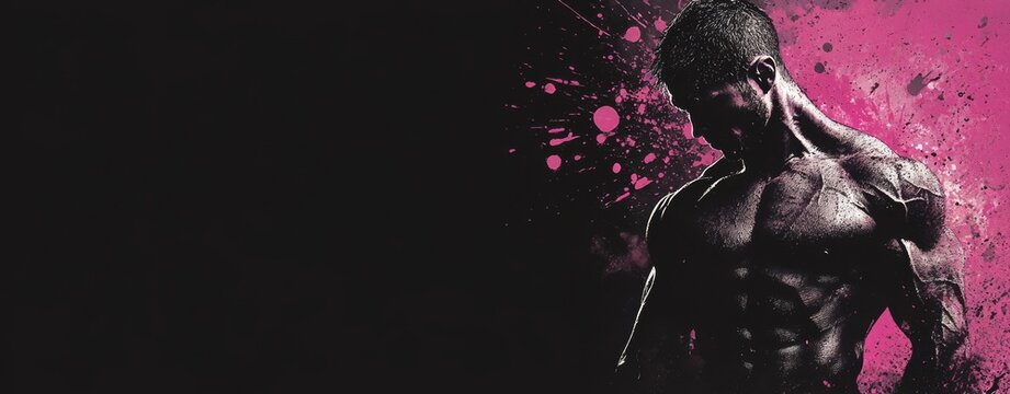 Against a dark background, a muscular bodybuilder stands out in a neon pink splash, composing an explosion banner that features copy space