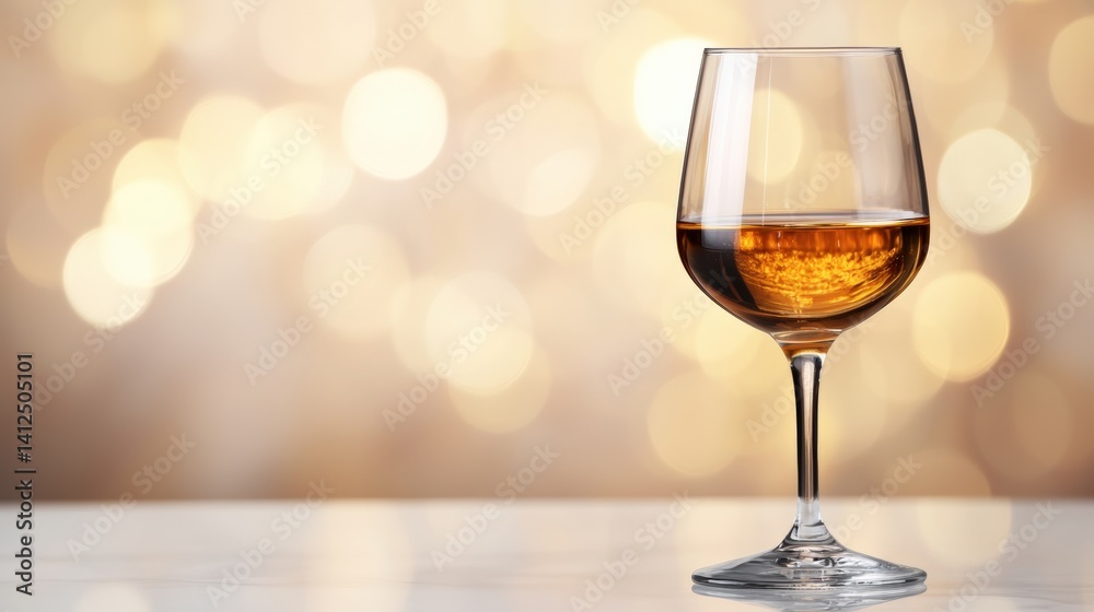 Poster elegant glass of white wine reflecting soft light on a reflective surface with blurred bar backdrop