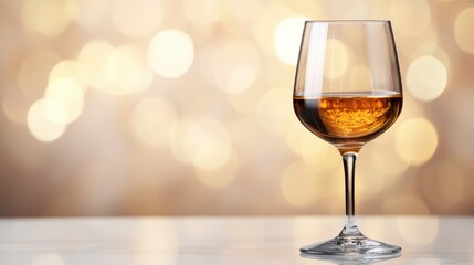 Elegant glass of white wine reflecting soft light on a reflective surface with blurred bar backdrop