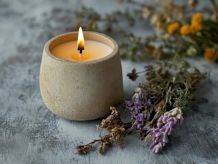 A minimalist aestic a single unlit scented candle in a handcrafted stone vessel, accompanied by delicate dried flowers and aromatic herbs from different regions