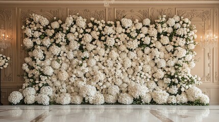 Elegant White Flower Wall Backdrop Featuring Hydrangeas and Garden Roses Against Classic Architectural Moldings in High-End Event Venue with Marble Flooring