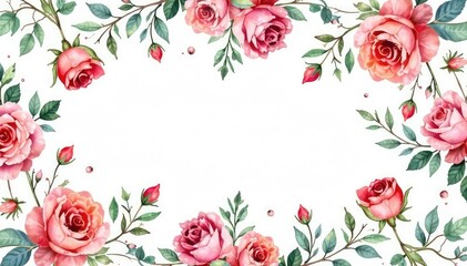 Delicate watercolor roses & leaves, repeating pattern, vine, flower