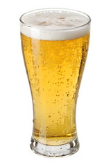 Glass of cold beer with foam, bubbles in drink, isolated on transparent background