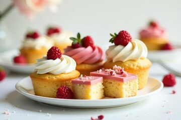 Elegant pastry display, pristine white backdrop, cream, sweet