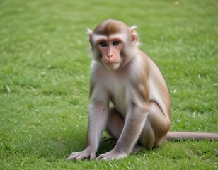 Fototapeta premium Macaque on the grass. Little popular monkey. monkey in the zoo on the grass