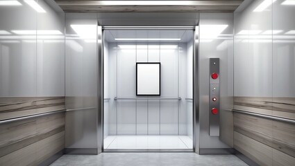 Close up of elevator cabin with vertical poster 