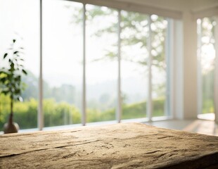 Rustic Wooden Tabletop Near Bright Window with Green View